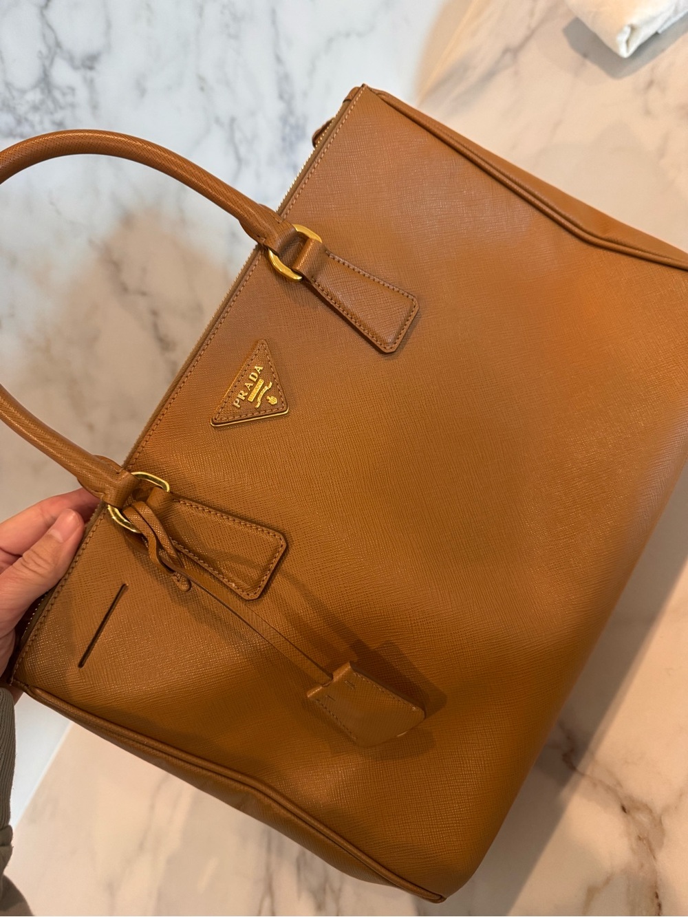 Authentic Prada Saffiano Lux tote handbag in Caramel, similar to Galleria tote